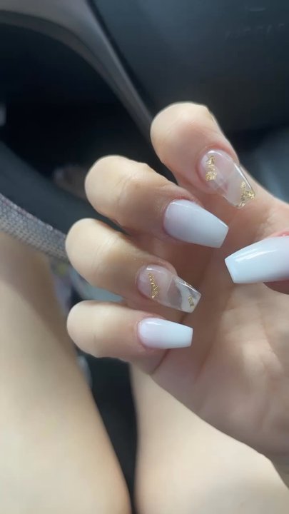 Hollywood Nails - Birthday nails, white powder with gold foil - Nail Salons Near Me - Pennsauken, New Jersey