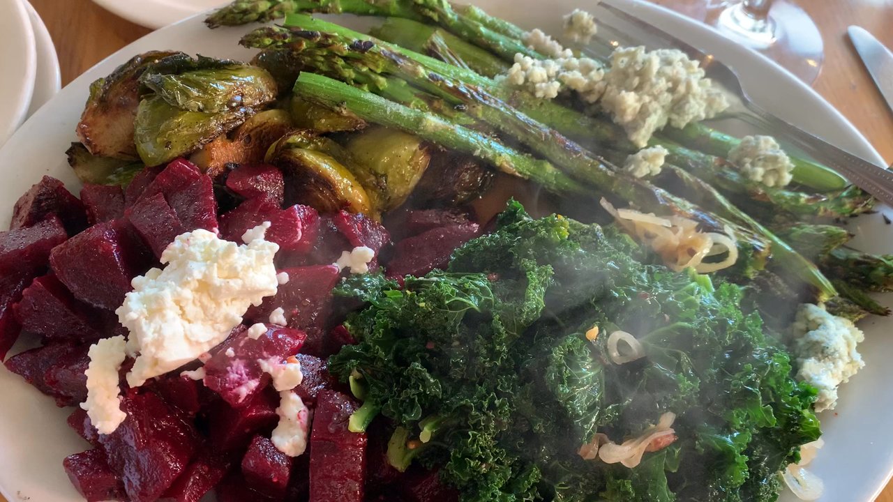 Blue Collar - This video shows the veggie plate with steaming sautéed - Beets with goat cheese, Caramelized Brussels Sprouts, Grilled Asparagus, delish! - Comfort Food Near Me - Miami, Florida