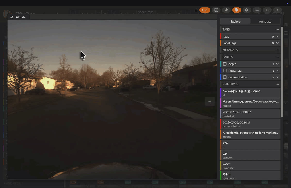 FiftyOne App filtered to the Flow demo: fast-moving named view, 255 OctoSense frames sorted by speed_mps.