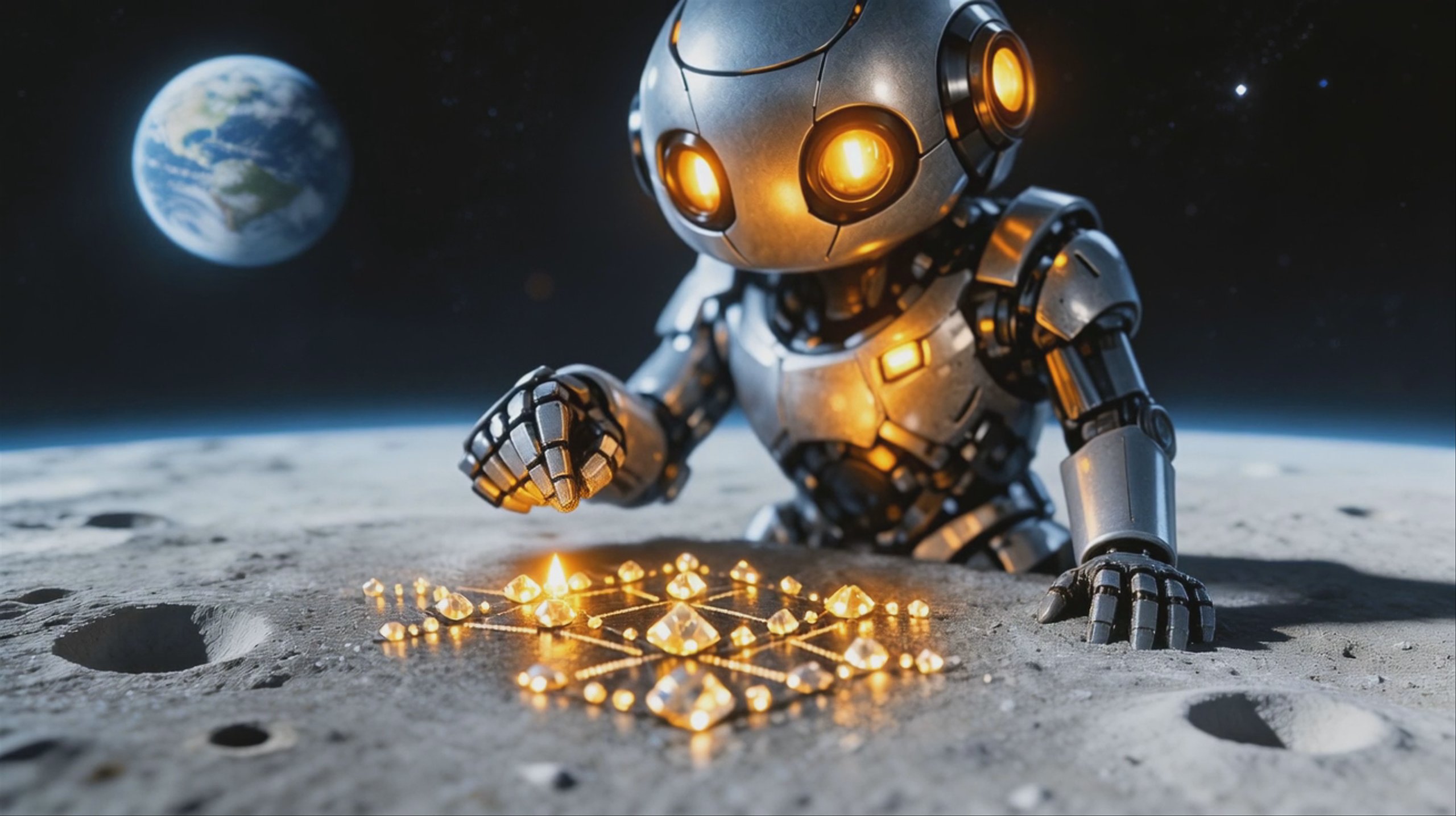 A close-up video frame of a small metallic robot with glowing orange eyes on the lunar surface. The robot arranges glowing golden crystals in a grid pattern on the gray soil. In the dark space background, planet Earth is visible. This video has a 1312x736 resolution, generated using VEED Fabric 1.0.