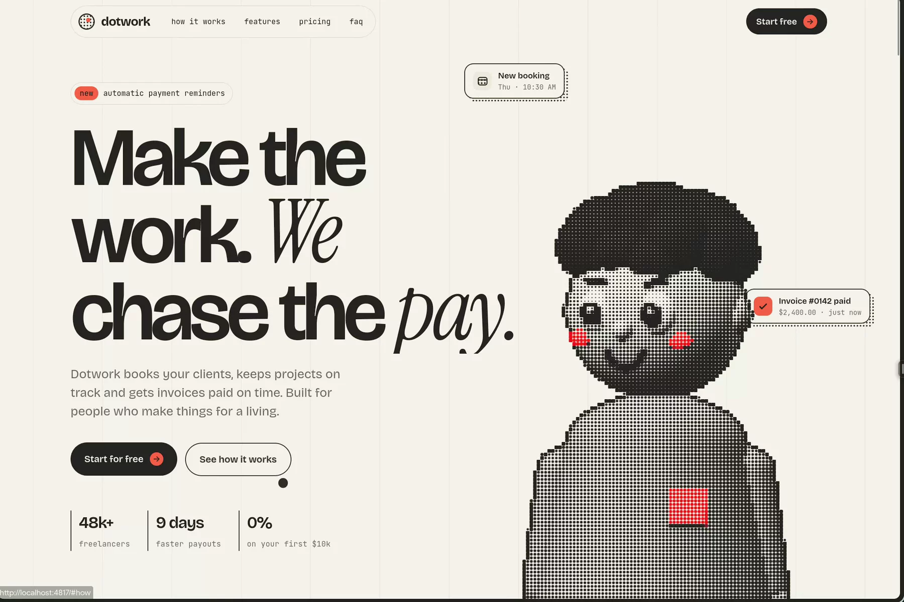 Dotwork: a complete @framer  template for booking and invoicing apps. • Full English and Arabic, true RTL in one click • Colors and text styles you change in one place • Native Framer motion, SEO ready