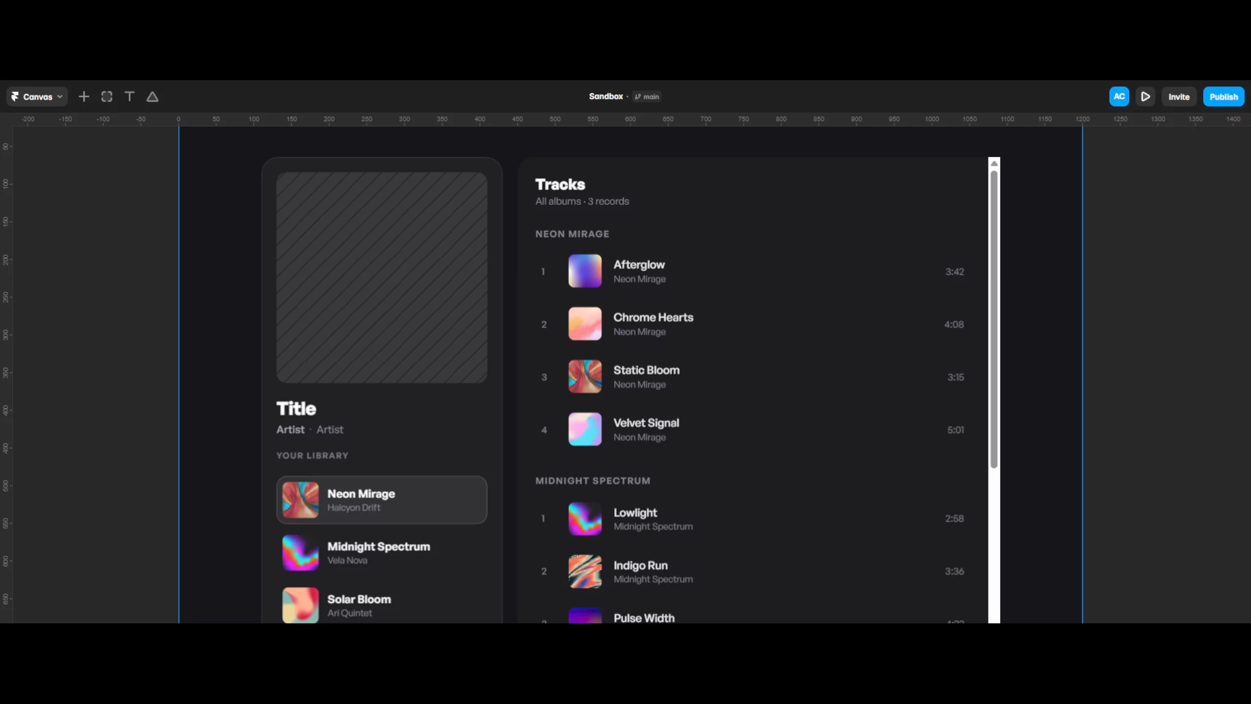 Was trying to create some scroll interactions on this album tracks view until I ran out of agent credits 😭... It seems there's no way to set scroll sections dynamically with CMS items. The agent was looping around a problem with no fix.