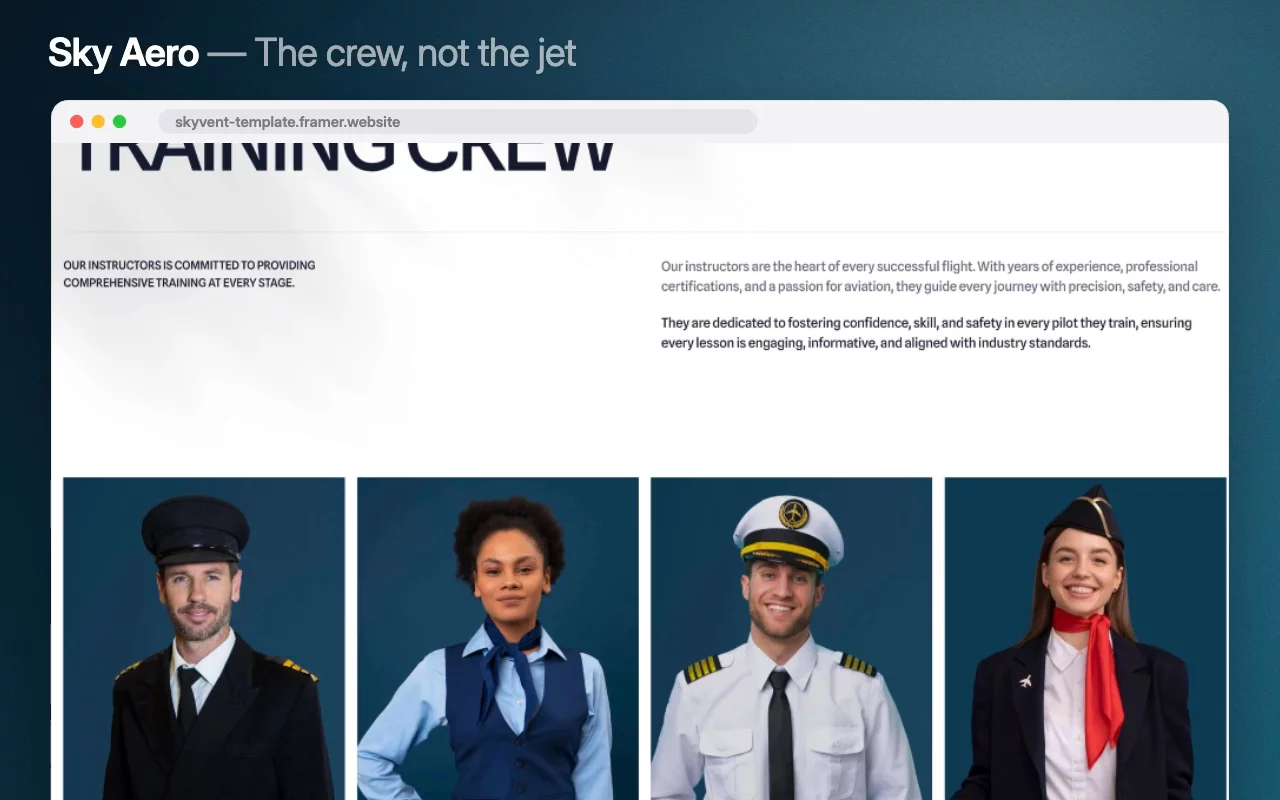Every charter site photographs the aircraft. Sky Aero photographs the certified air training crew instead.Instructors are described as the heart of every successful flight — years of experience, professional certifications — which is what a nervous first-time flyer is actually buying.Live preview → https://skyvent-template.framer.website/Make it yours →#framer #framertemplate #framerexpert #webdesign #nocode #aviation #privatejet #charter #luxurytravel