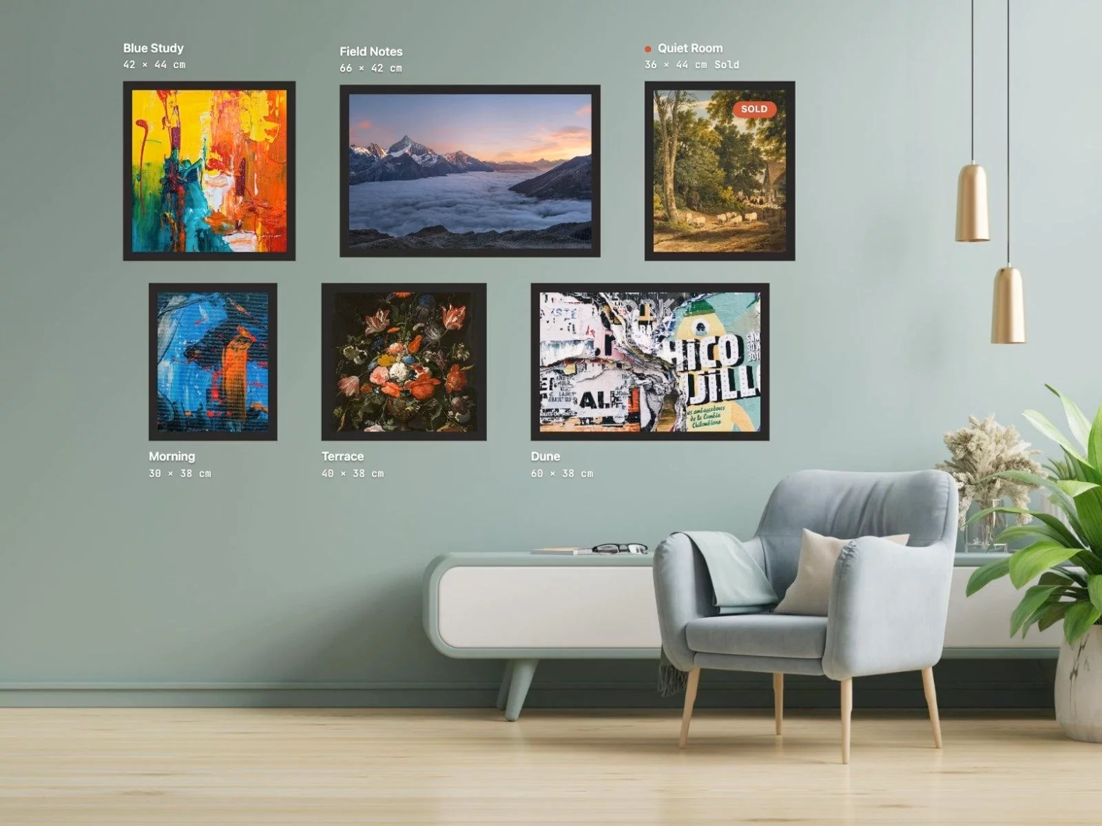 "How big is it?" Every artist gets that question. 🖼Art Gallery Wall answers it. Type the size of each piece in cm and it hangs your work true to scale in a real room, at eye level, never over the sofa. Ten rooms or your own photo, frames, captions, sold pill, lightbox.Some of the features:- 10 room photos: Measured with furniture blocked out, a drawn wall, or your own photo with your own blocked squares.- 4 ways to hang: exposition, salon, grid and manual.- 5 Frames Styles- Eye level, gap and alignment in centimetres.- Red sold dot, or a sold pill on the work.- And more!Demo: https://artgallerywall.framer.website