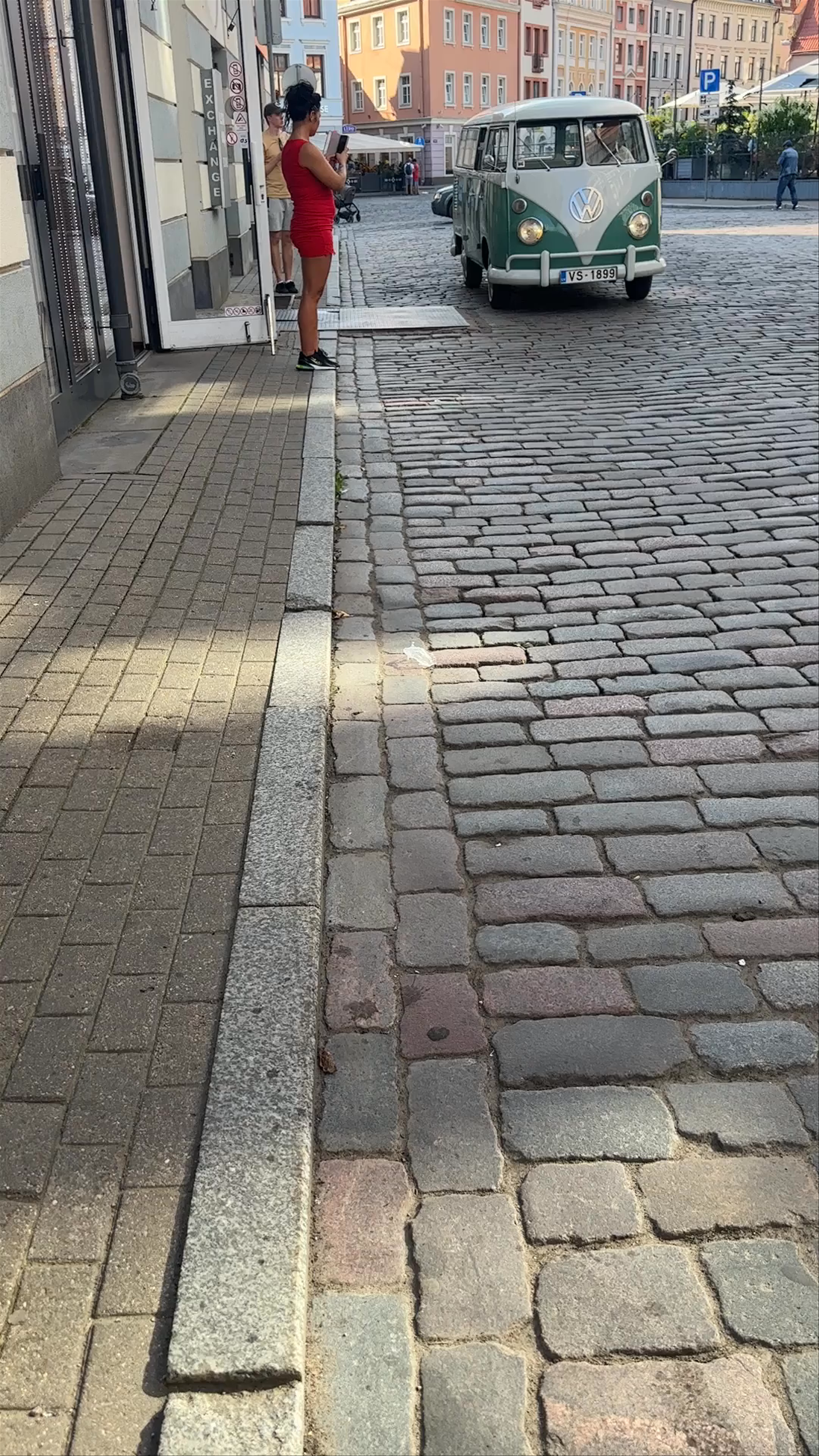 Vintage VW Van Roaming Cobbled Streets of Riga Old Town