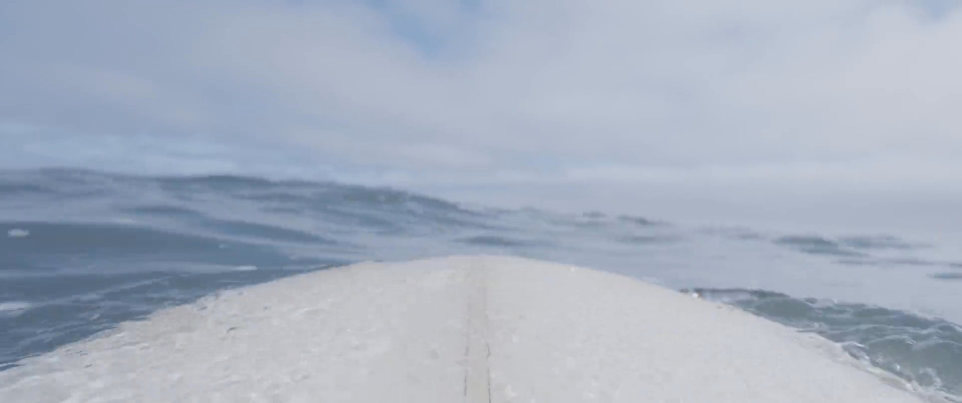A surfer navigates choppy, cold ocean waves while a flock of birds flies overhead. The sequence transitions from paddling out into the surf to successfully riding a wave toward the shore.
