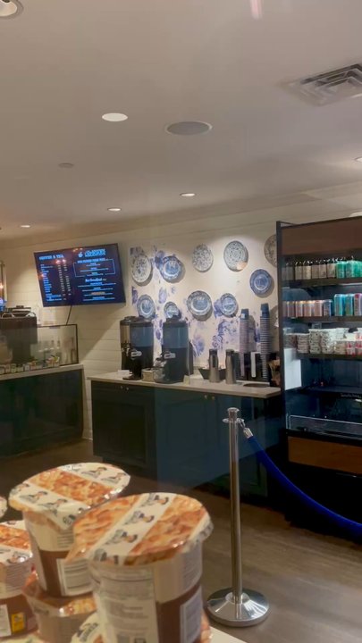 The Cupboard - Inside / Interior view of small grab-and-go shop - ordering counter, lattes, tea, housemade pastries, salads, juices, self-serve coffee - Cafes Near Me - Williamsburg, Virginia