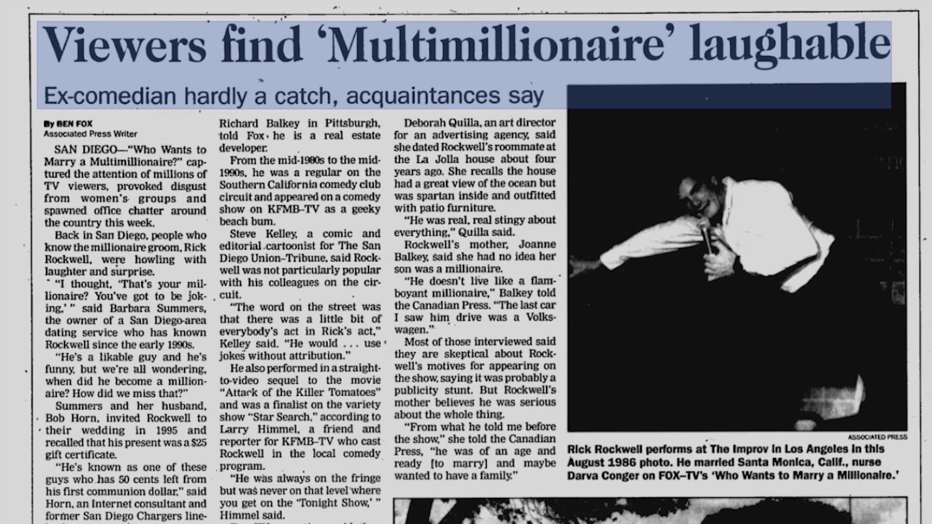 A promotional sequence for Fox television specials transitions into a detailed newspaper article criticizing a reality dating program and its participants.
