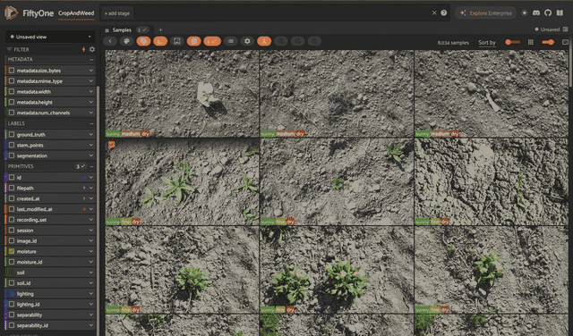 CropAndWeed dataset in the FiftyOne app showing top-down field images with crop and weed detection labels