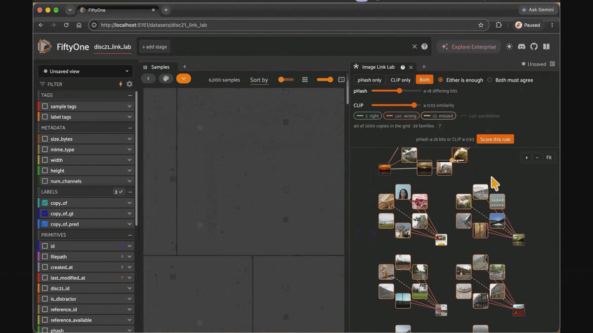 Image Link Lab in FiftyOne. Tune the pHash and CLIP limits, and the copy graph redraws as you drag.