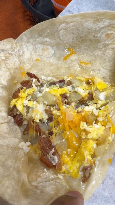 Andrea's Taco Shop - Bacon, egg, potato, and cheese burrito! - Tex-Mex Near Me - Brenham, Texas