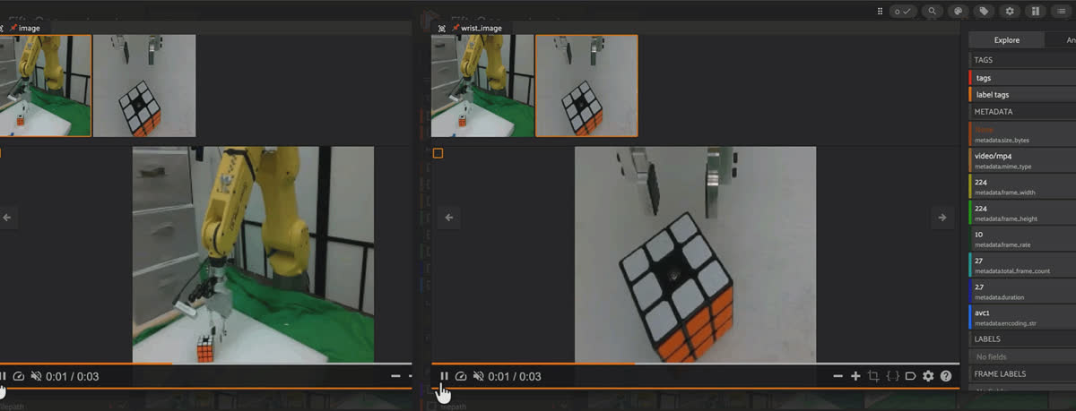 Side-by-side comparison of the image and wrist_image group slices in FiftyOne, showing the same Rubik's cube grasp from the scene camera and the wrist camera at the same moment in the episode.