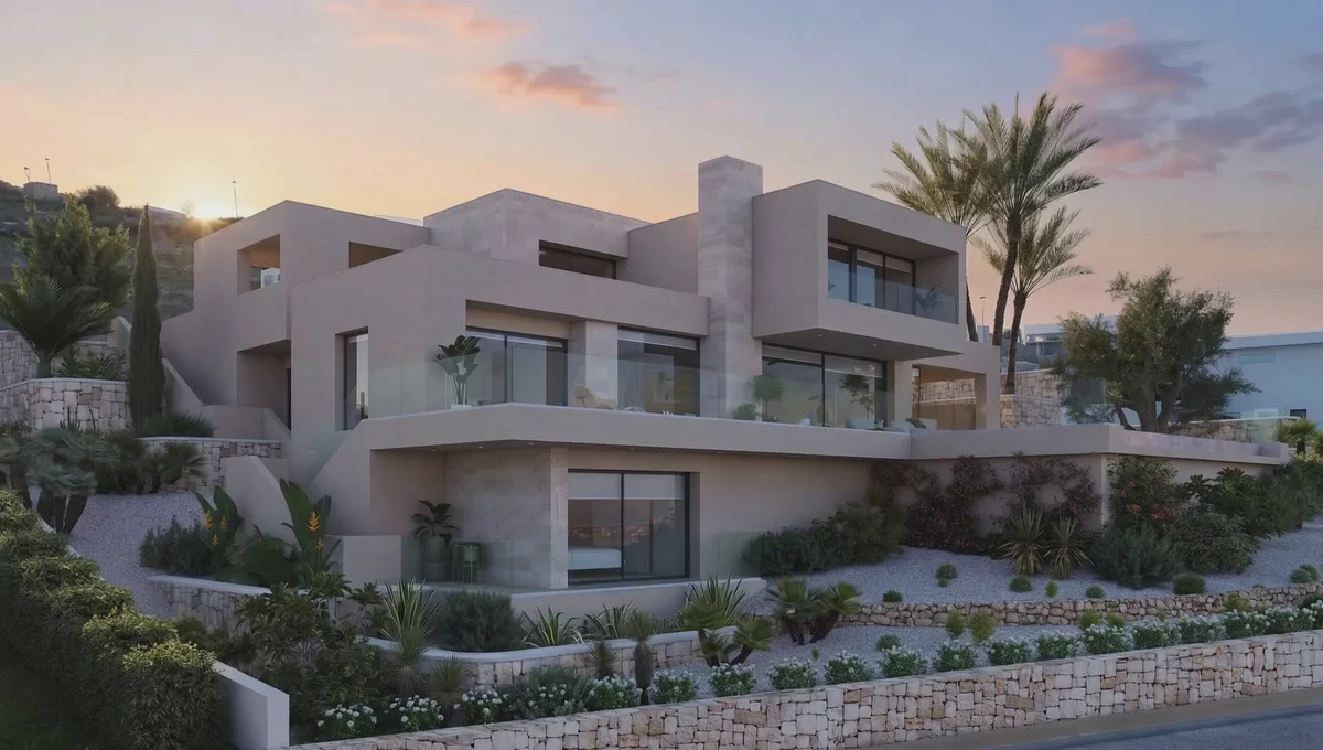 Villa Rubik animated from its sunset render, glass terraces wrapping the upper floor