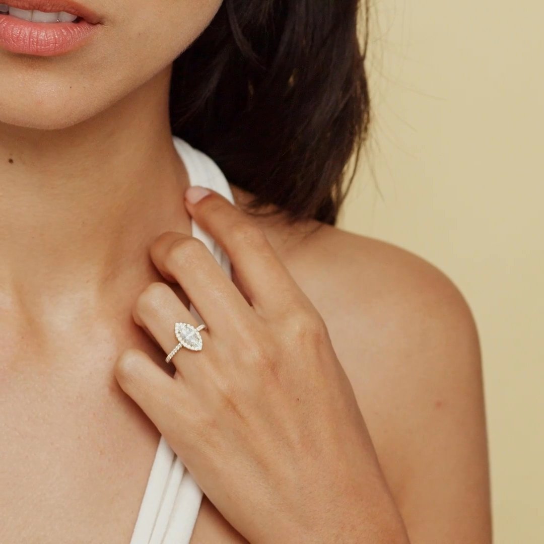 The Halo | Marquise | 14k | Rose Gold | bandAccent: Pavé | haloSize: original | diamondOrientation: vertical | caratWeight: other