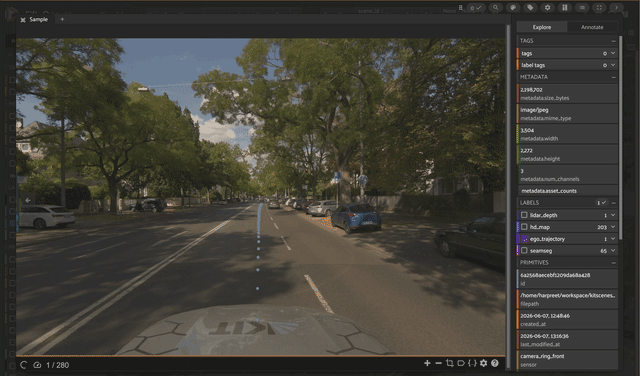 The ego_trajectory keypoints field projecting the vehicle's future waypoints onto the road ahead in camera_ring_front.