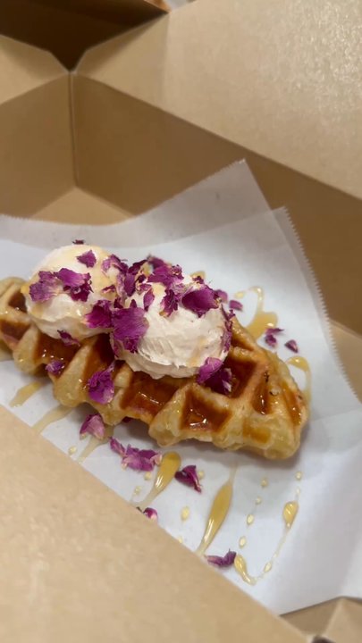 Uncharted Adventures Cafe - Croffle with edible flowers (guava) - Coffee & Tea Near Me - Bakersfield, California