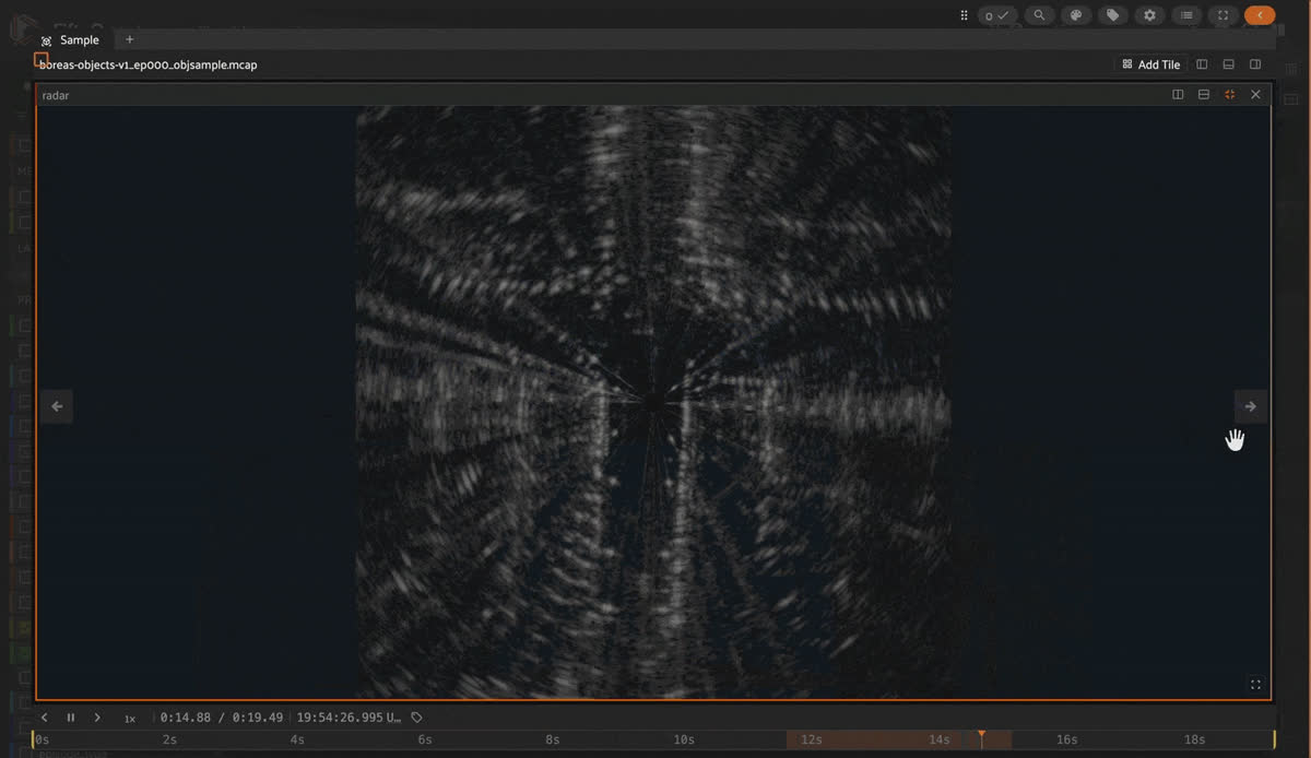 Boreas MCAP episode in FiftyOne showing 3D object cuboids over the LiDAR scene, with synchronized camera and radar tiles below.