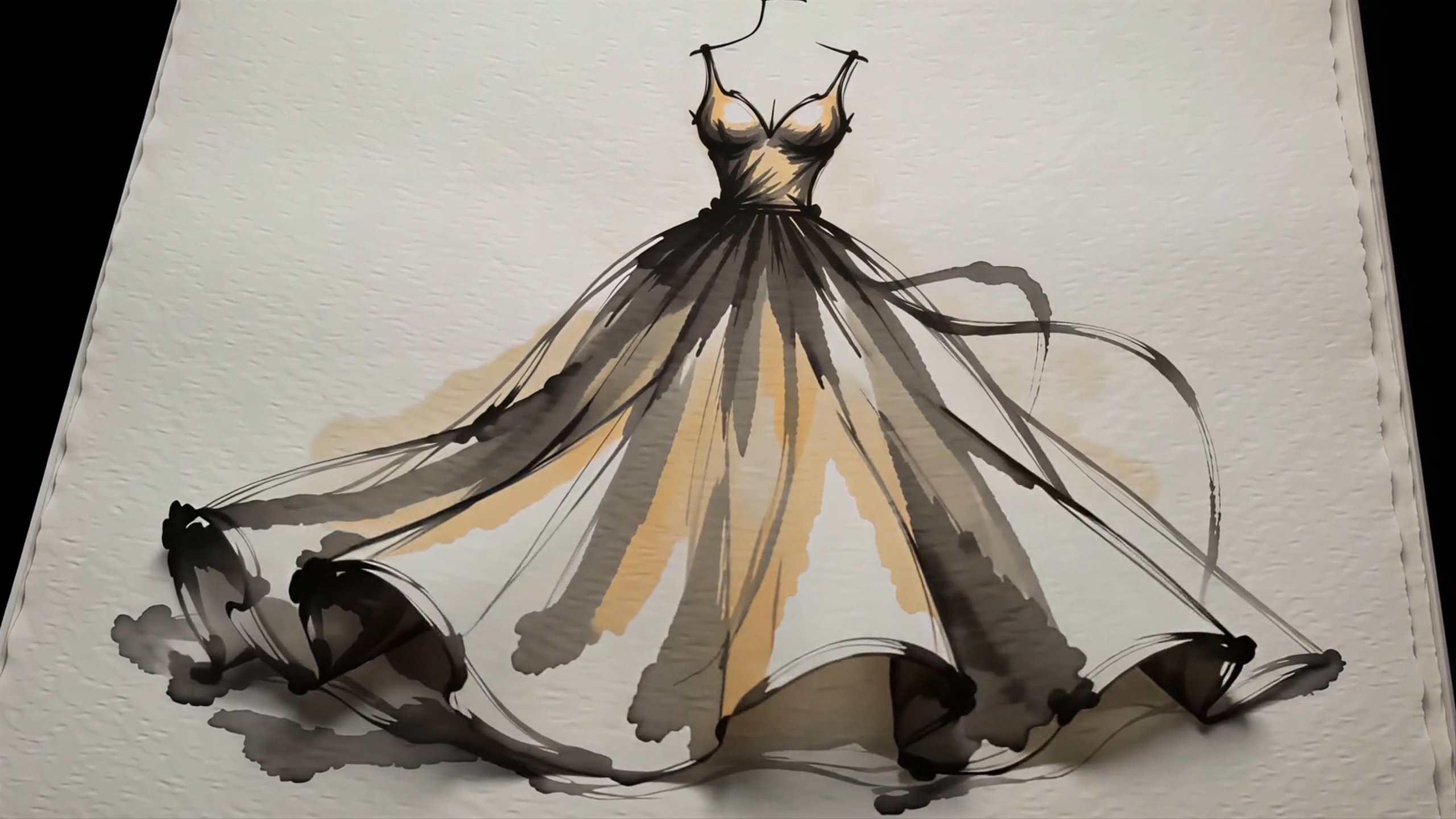 Charcoal-and-ink brushstrokes assemble into a flowing evening gown on textured paper.