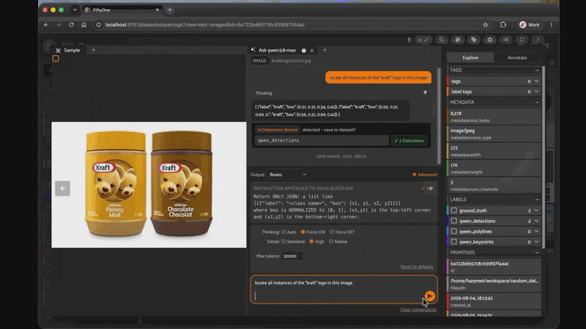 Qwen3.8-Max returning bounding boxes for the Kraft logo on two peanut butter jars in the FiftyOne App chat panel.
