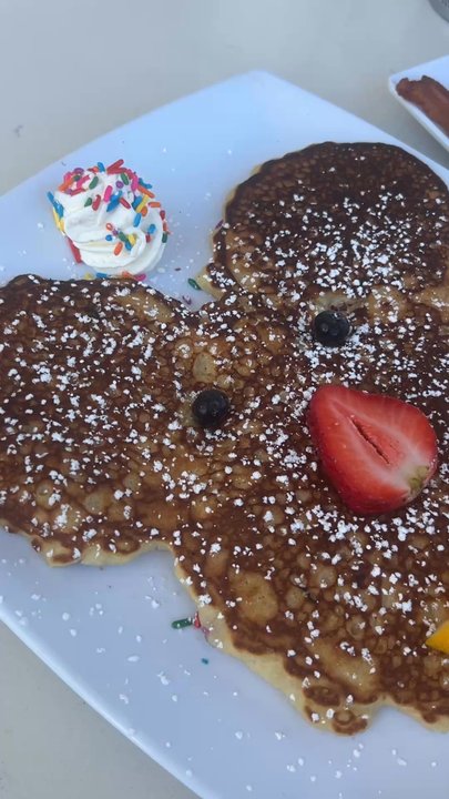 Canopy Road Cafe - Kids Mickey Mouse pancakes  with a side of eggs and bacon. Great portion for the kiddos. - Breakfast & Brunch Near Me - Inlet Beach, Florida