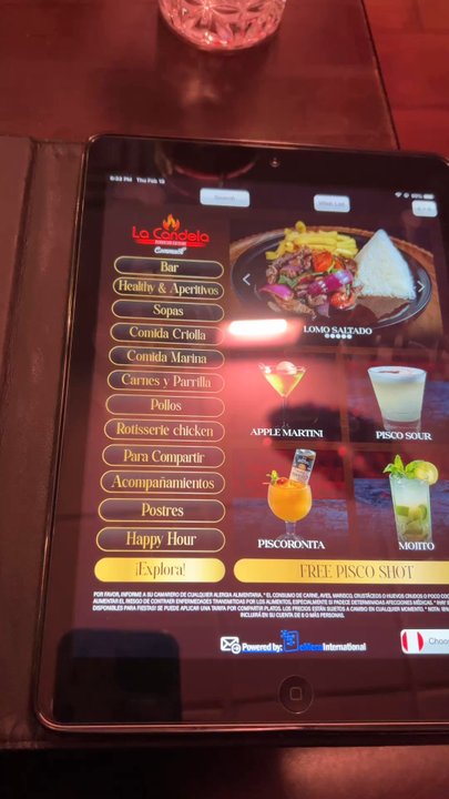 La Candela - Menu in tablet, entrées and drinks all have pictures - Peruvian Near Me - Commack, New York