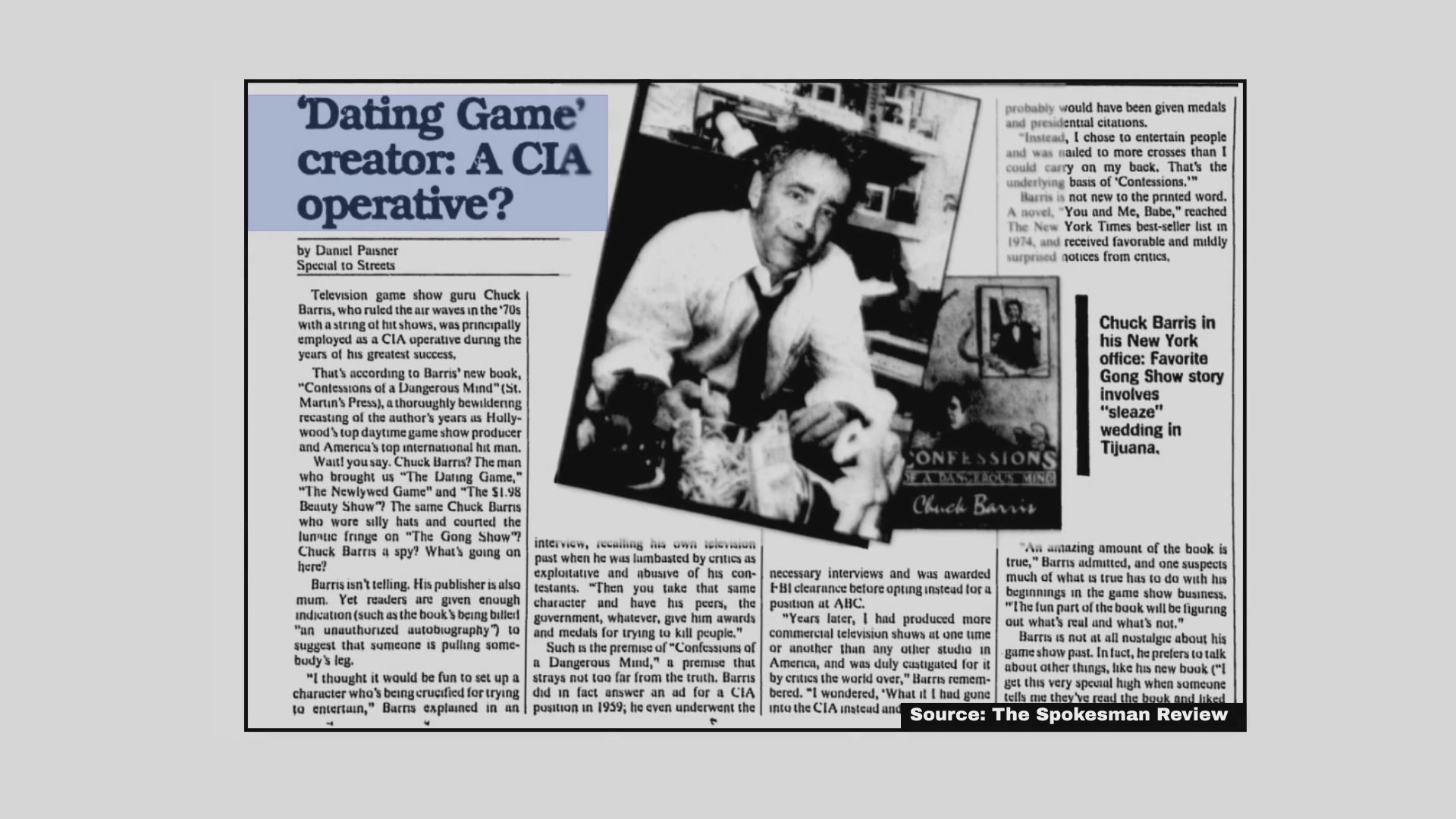 The sequence presents a collection of archival newspaper articles documenting public reaction to The Beatles, followed by reports regarding Chuck Barris and his alleged CIA involvement, concluding with a book cover for his memoir, Confessions of a Dangerous Mind.