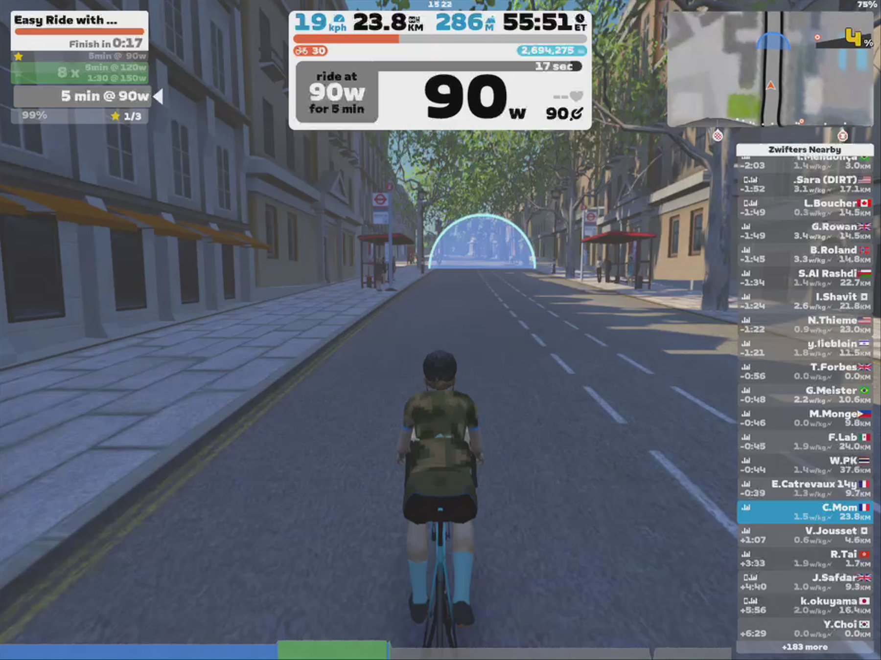 Zwift - Easy Ride with 1.5min Tempo spikes in London