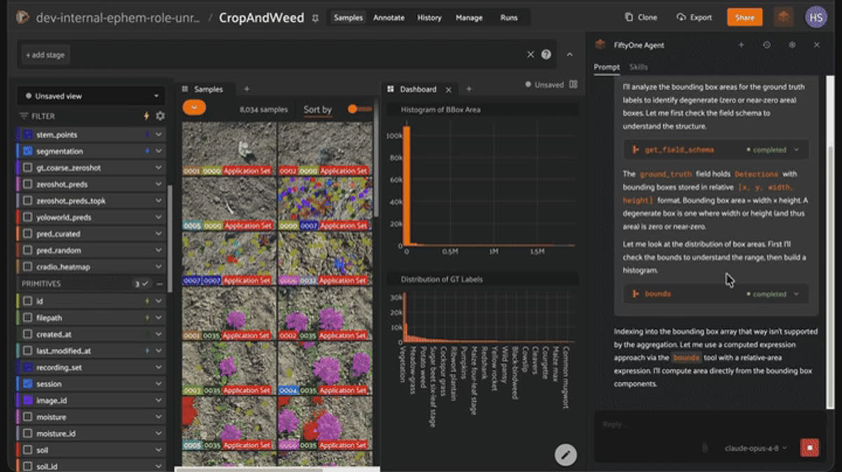 The FiftyOne Agent auditing CropAndWeed bounding-box areas to flag degenerate near-zero-area boxes, with a bbox area histogram and label distribution.