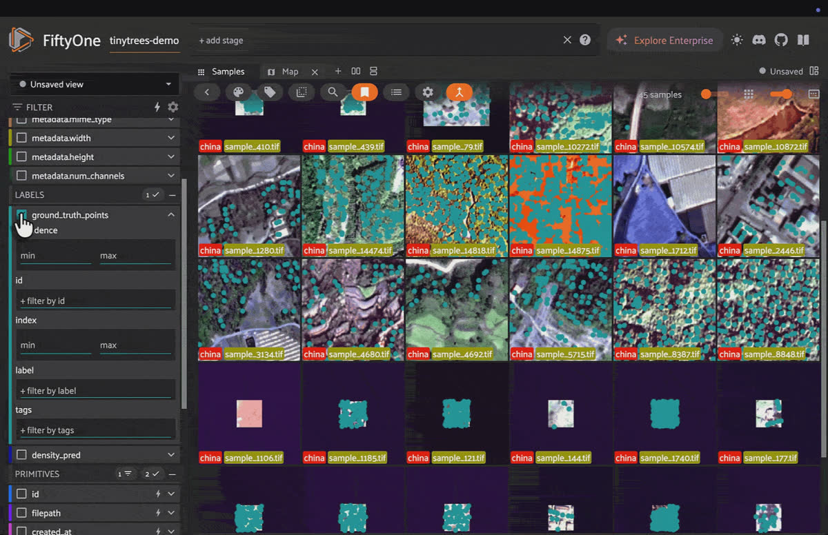 TreeMatch density predictions as Heatmap overlays, pixel-aligned with ground truth keypoints in FiftyOne.