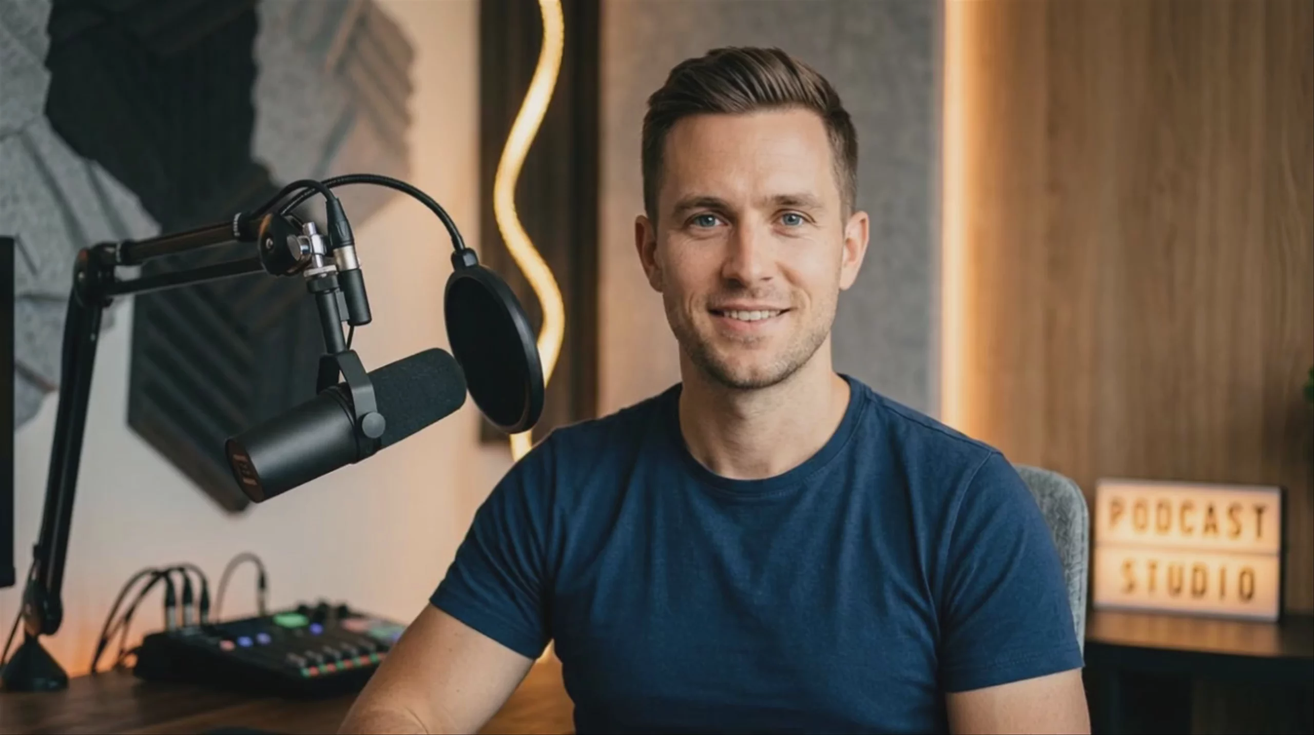 A medium close-up of a young man with short brown hair and blue eyes speaking in a podcast studio. He wears a dark blue t-shirt. A professional microphone is positioned to his left, with a podcast studio light box in the background. This 1284x718 resolution video was generated using the Happy Horse model.