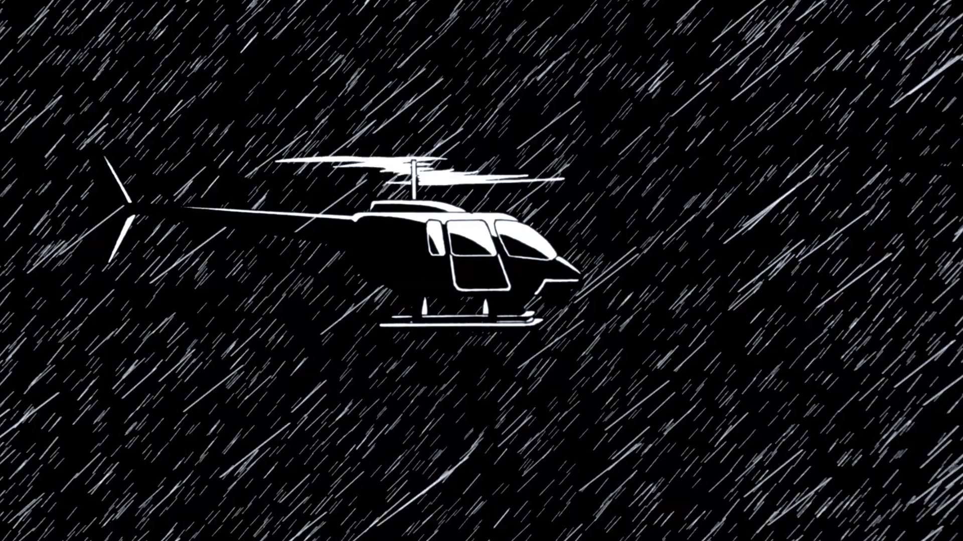 A stylized animation depicts a helicopter crashing during a rainstorm, transitioning to passengers reacting inside a limousine.