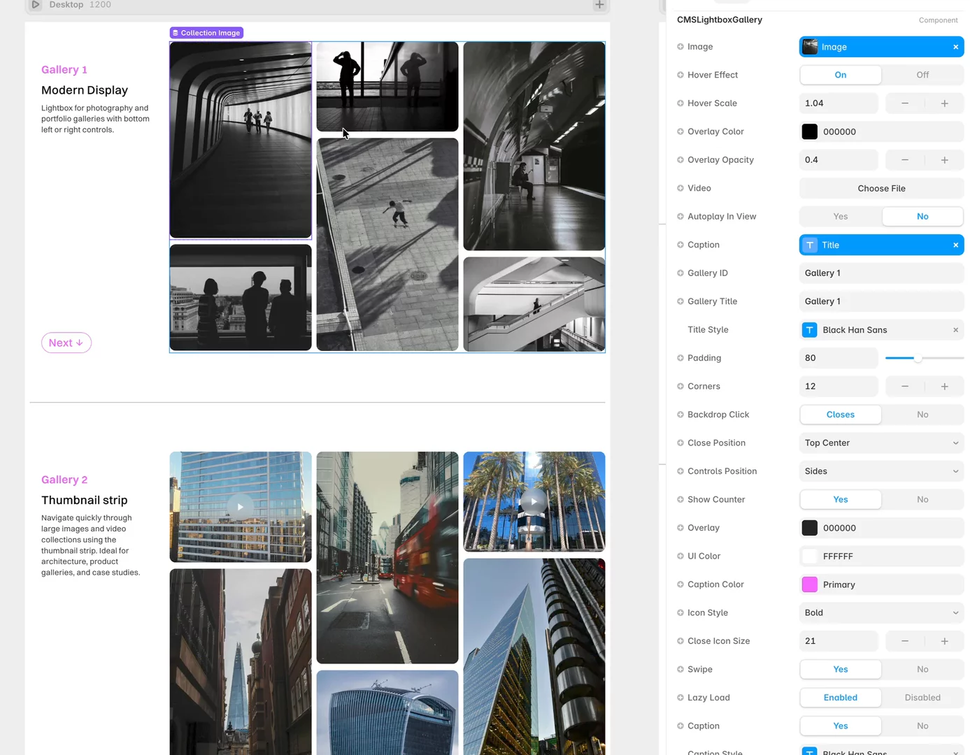Sharing my CMS Lightbox Gallery component for Framer.I just recently updated and it connects directly to CMS collections and supports images, videos, captions, gallery titles, thumbnails, swipe gestures, keyboard navigation and customisable controls.It can be useful for portfolios, photography sites, case studies or any CMS project that needs a more flexible fullscreen gallery.I’d love to hear any feedback. If you’d like to try it, send me a message and I can share a 20% discount link. Also let me know if there are any additional fields or options that would make the component more useful. 😊Available on the Framer Marketplace https://framer.link/h0dh9gP