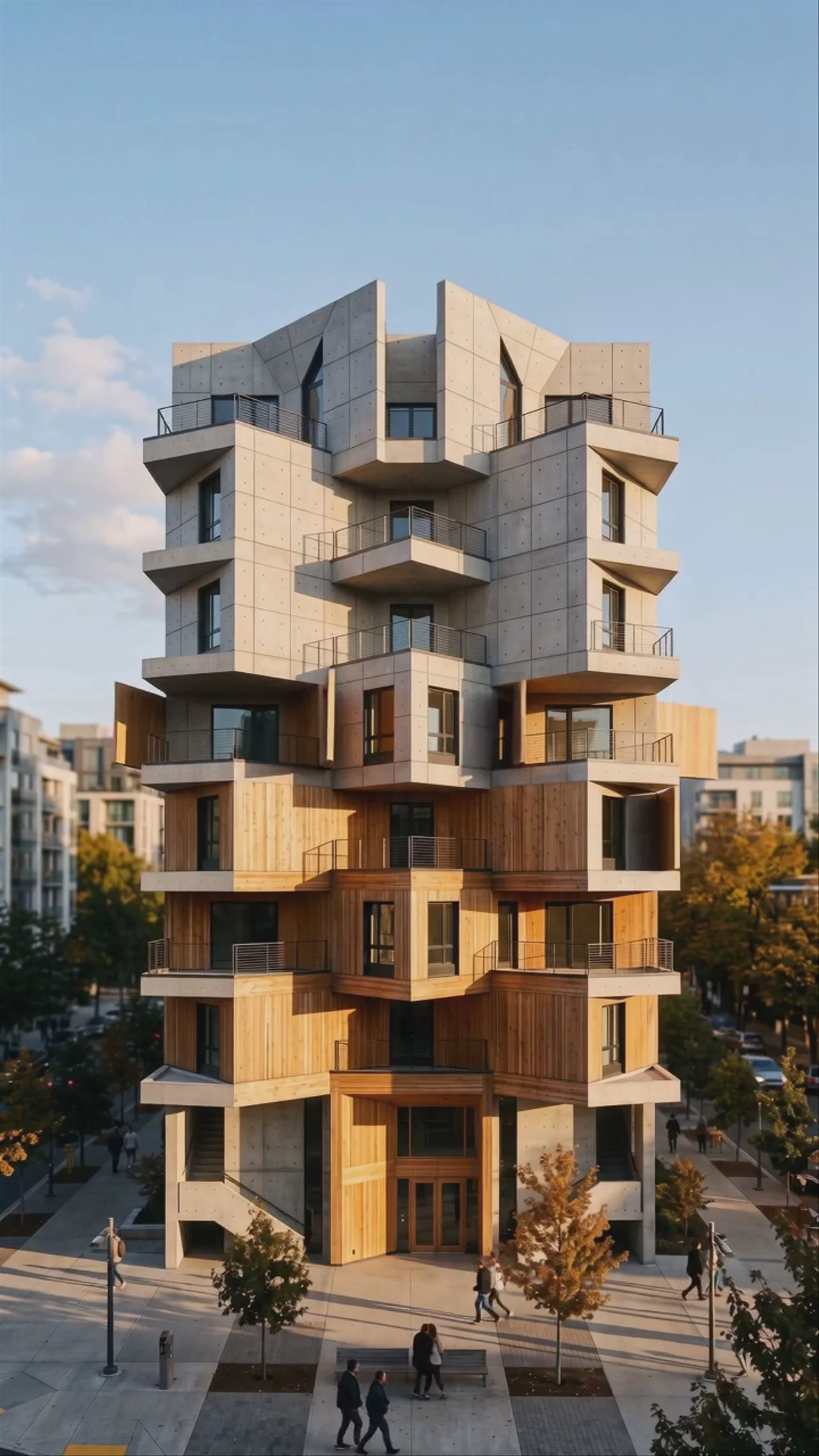 Animation Prompt: "maintain the camera position, replace the concrete panels with timber panels by popping the timber panels into place, clicking timber sound and noise of the city in the background, timelapse people moving at ground position. No music."