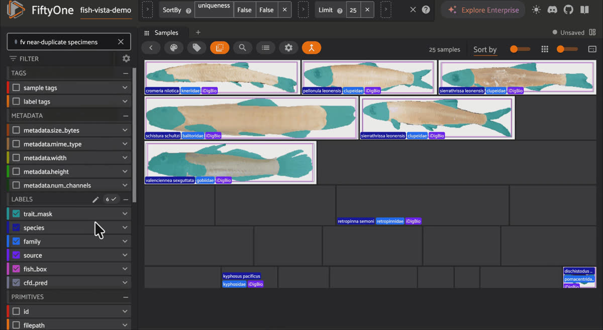 FiftyOne data-quality audit of Fish-Vista using saved views to slice specimens by source museum and family