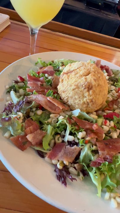 Food Dudes Kitchen - these giant salad with a crispy crab meat  ball,really good bacon fresh corn avocado ranch dressing - Seafood Near Me - Kill Devil Hills, North Carolina
