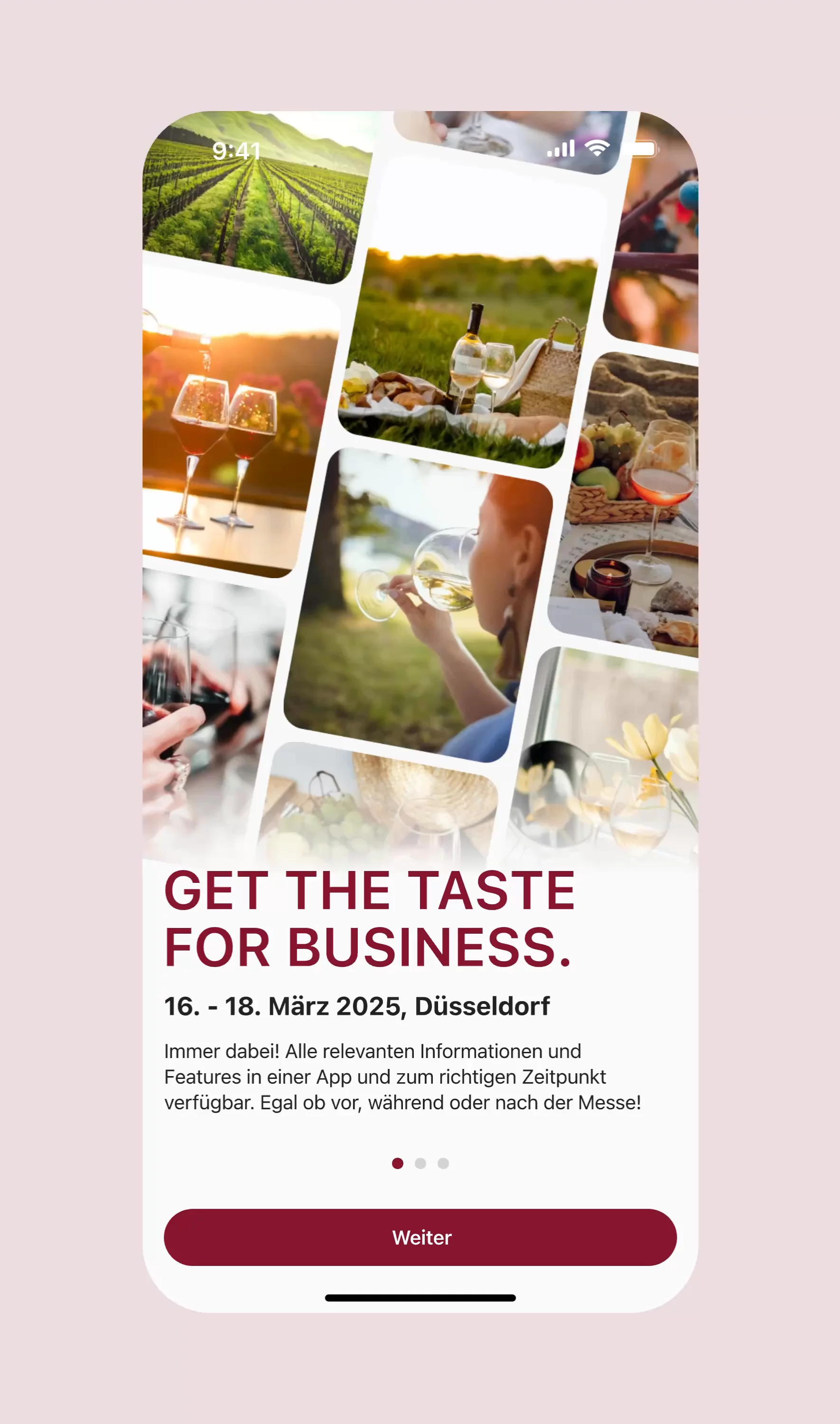 Einblicke in den Onboarding-Wizard der FairMate Event App, einer hybriden Mobile App für iOS und Android, die zahlreiche messe- und eventspezifische Funktionen in einer Anwendung bündelt und von Hypercode konzipiert, gestaltet und entwickelt wurde. Der Wizard führt Nutzer*innen schrittweise in Funktionen, Inhalte und Mehrwerte der App ein und erleichtert den Einstieg in die Messeplattform. | Hypercode, Digital Product Studio, Köln