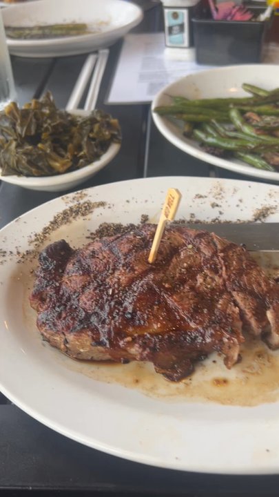 SASS - Ribeye steak, grew beans with mushrooms, collard greens & and glass of mascoto - Southern Near Me - Thomasville, Georgia