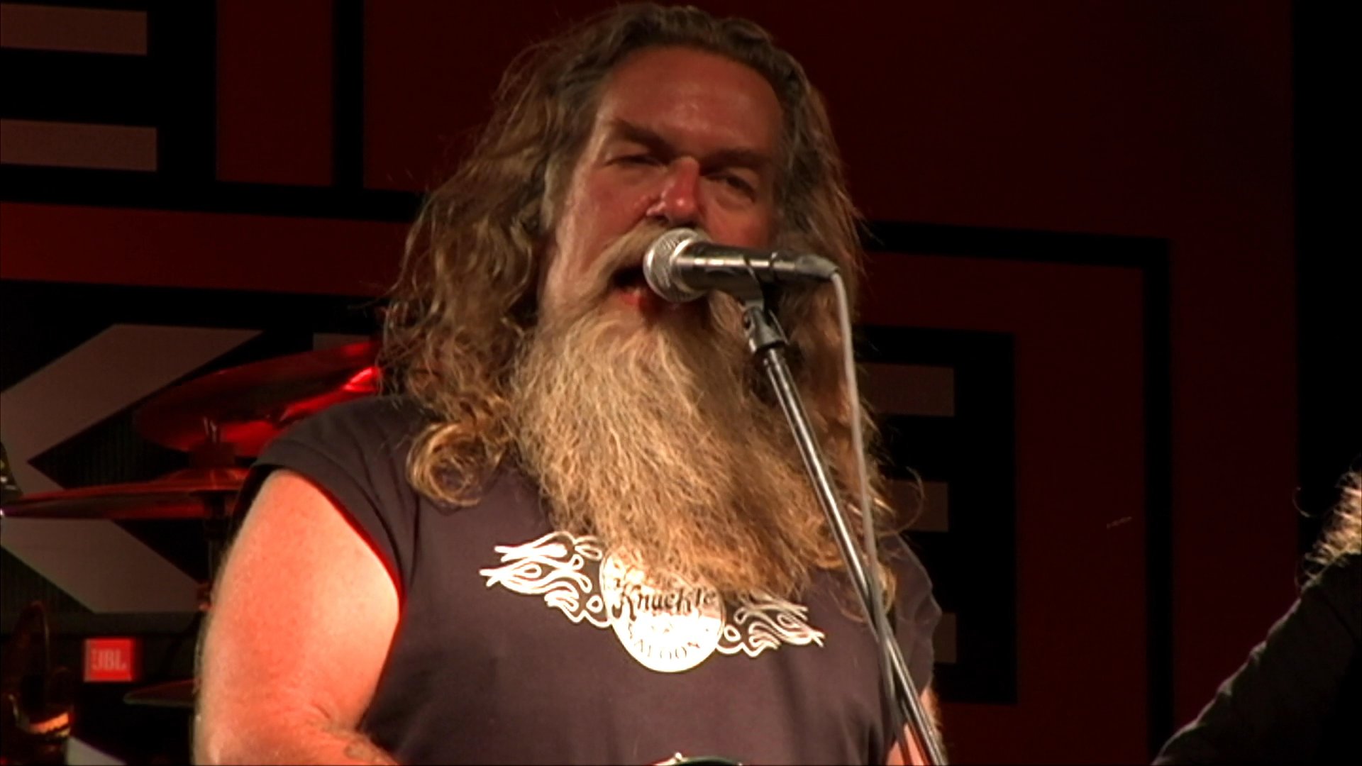 A long-haired, bearded musician performs lead vocals and plays an electric guitar during a live music concert set. The artist commands the stage under focused lighting, delivering an emotive vocal performance.