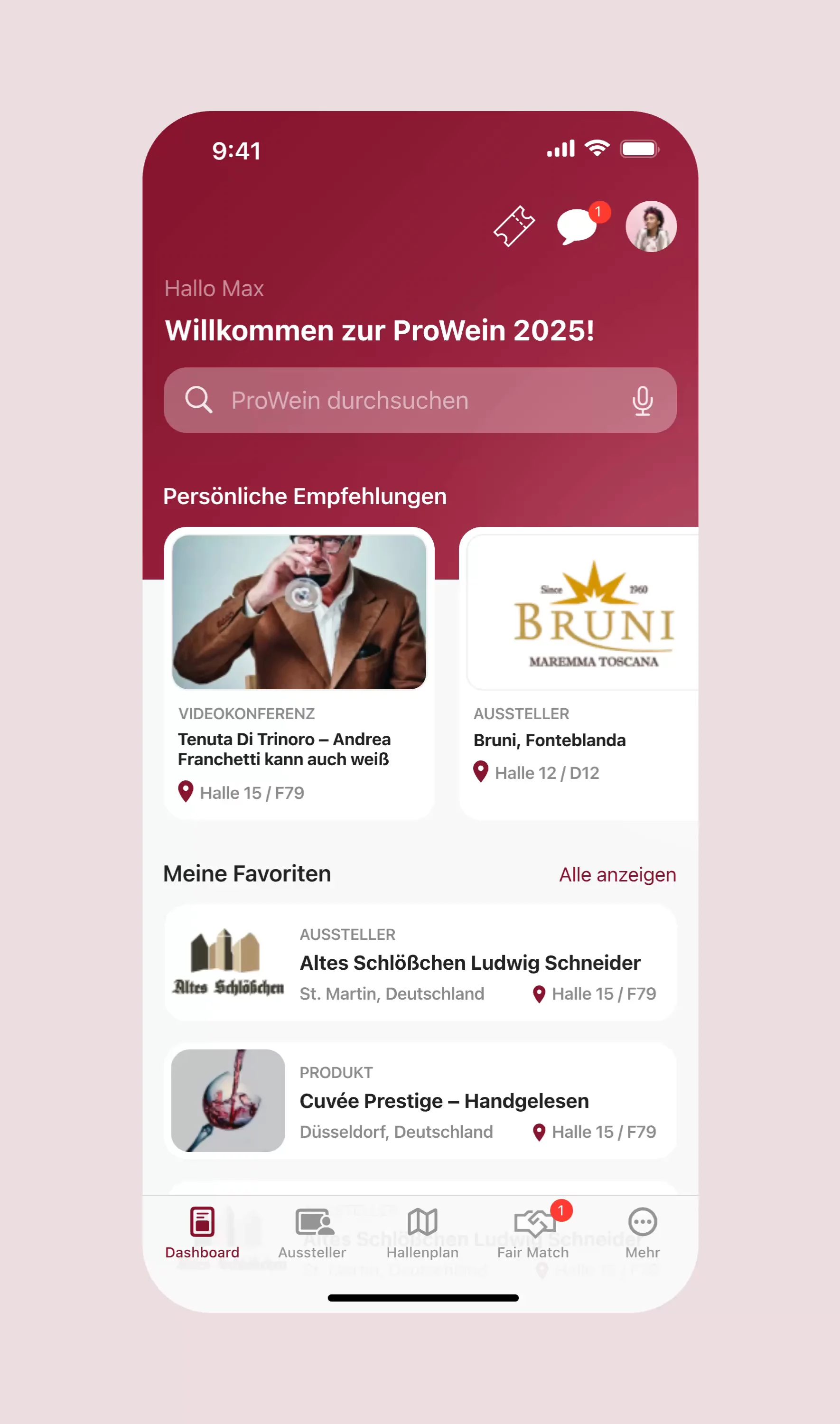 Darstellung des zentralen Dashboards der FairMate Event App, einer hybriden Mobile App für iOS und Android, die messe- und eventspezifische Funktionen in einer Anwendung vereint und von Hypercode konzipiert, gestaltet und entwickelt wurde. Gezeigt werden personalisierte Empfehlungen, Such- und Filterfunktionen sowie Ausstellerlisten und Detailseiten mit Profilinformationen, Produkten und Standortangaben. | Hypercode, Digital Product Studio, Köln