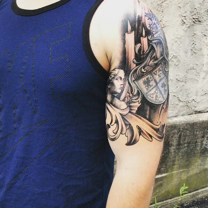 Tattooing By Mee - Half sleeve done by Andy Morrissey minus the family crest in the center - Tattoo Near Me - Lancaster, Pennsylvania