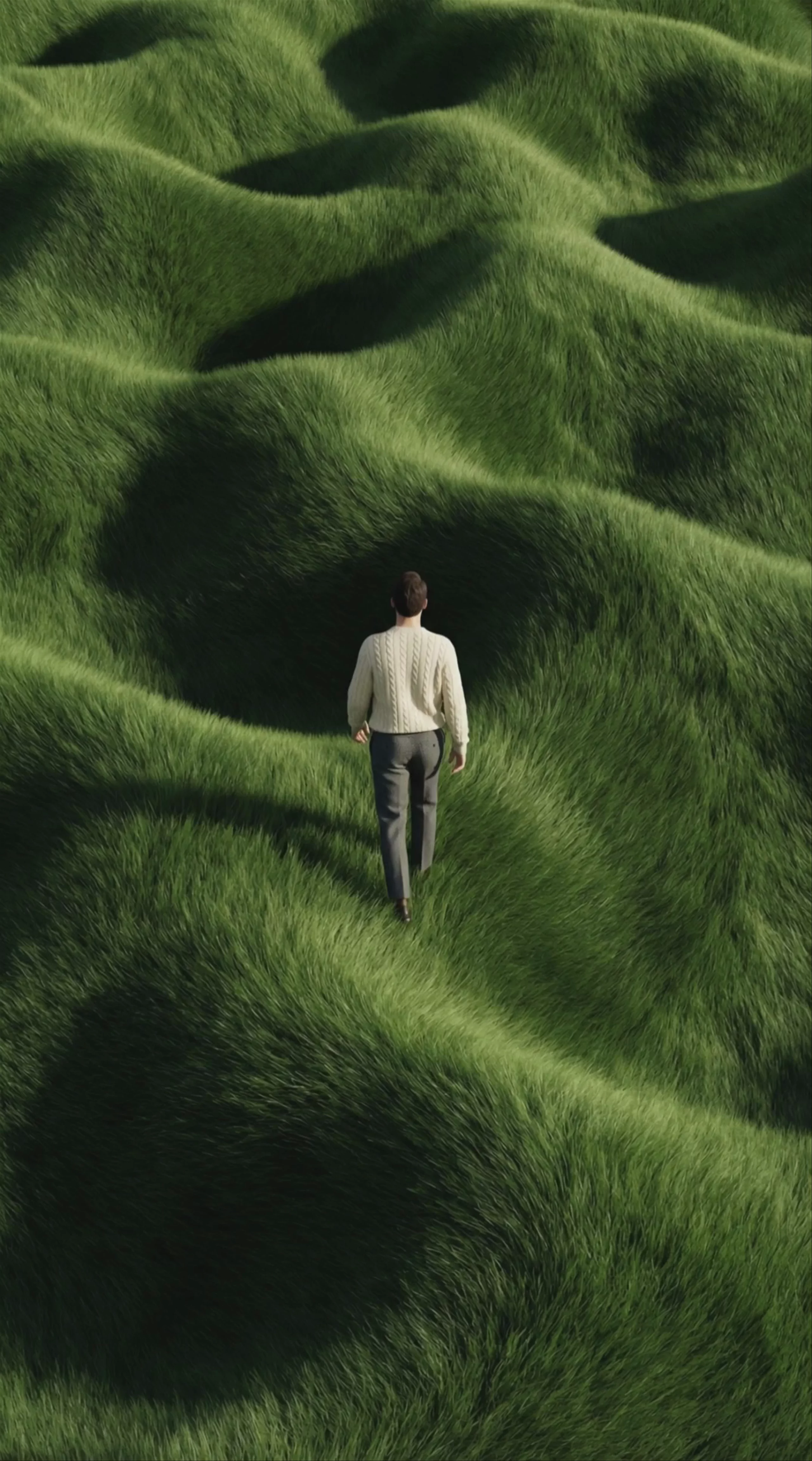 A vertical video first frame showing a man from behind, wearing a white sweater and grey trousers, walking over surreal, rolling green hills covered in thick grass. Generated by the Kling O3 Pro model at 1072x1928 resolution, this image-to-video piece features soft, natural overhead lighting casting shadows in the valleys of the grassy waves.