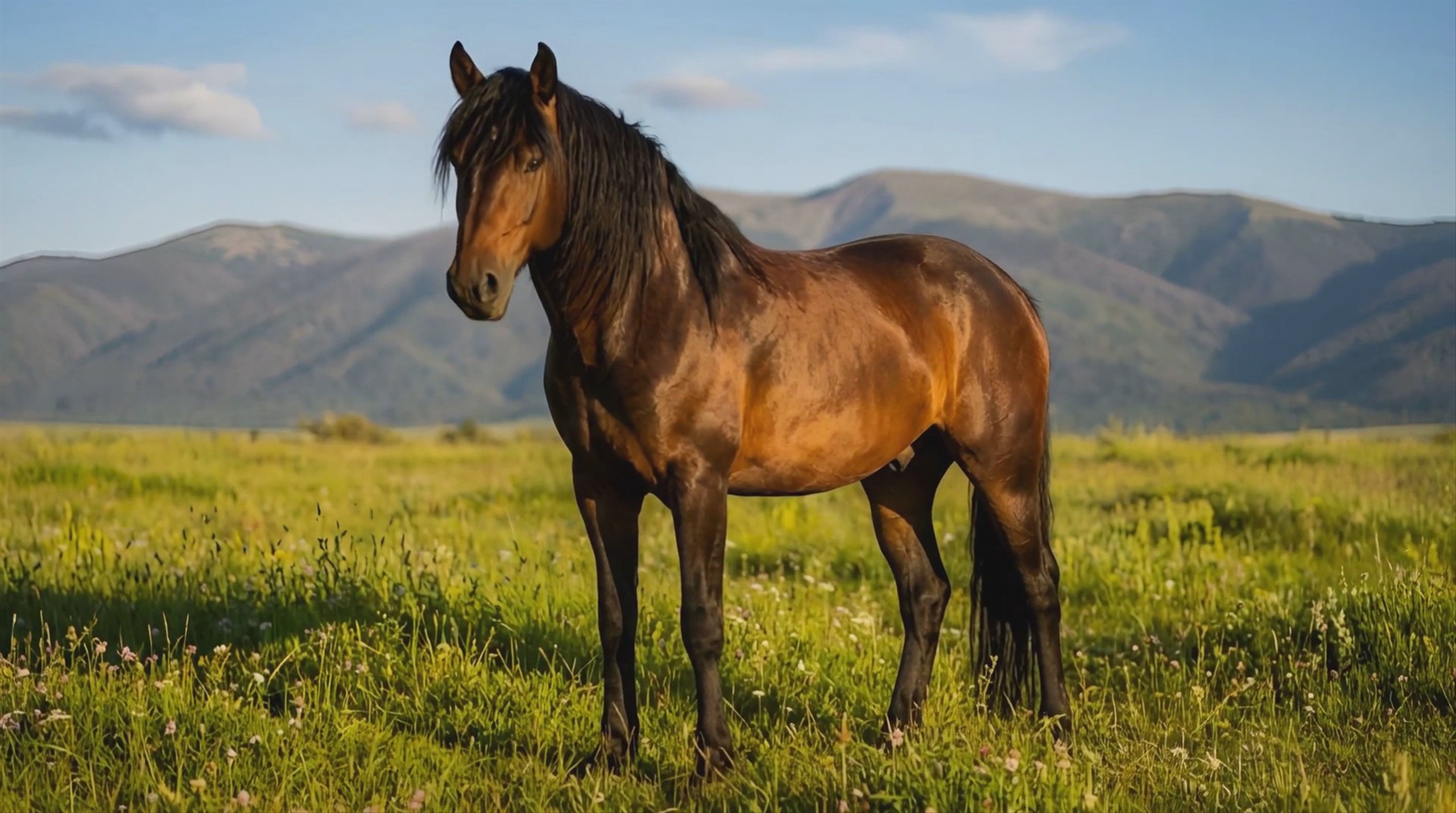 A medium shot of a brown bay horse with a dark mane standing in a green meadow filled with wildflowers. In the background, soft-focus mountains rise under a blue sky with light clouds. This video is generated by Kling AI Avatar v2 Pro at 1920x1072 resolution.