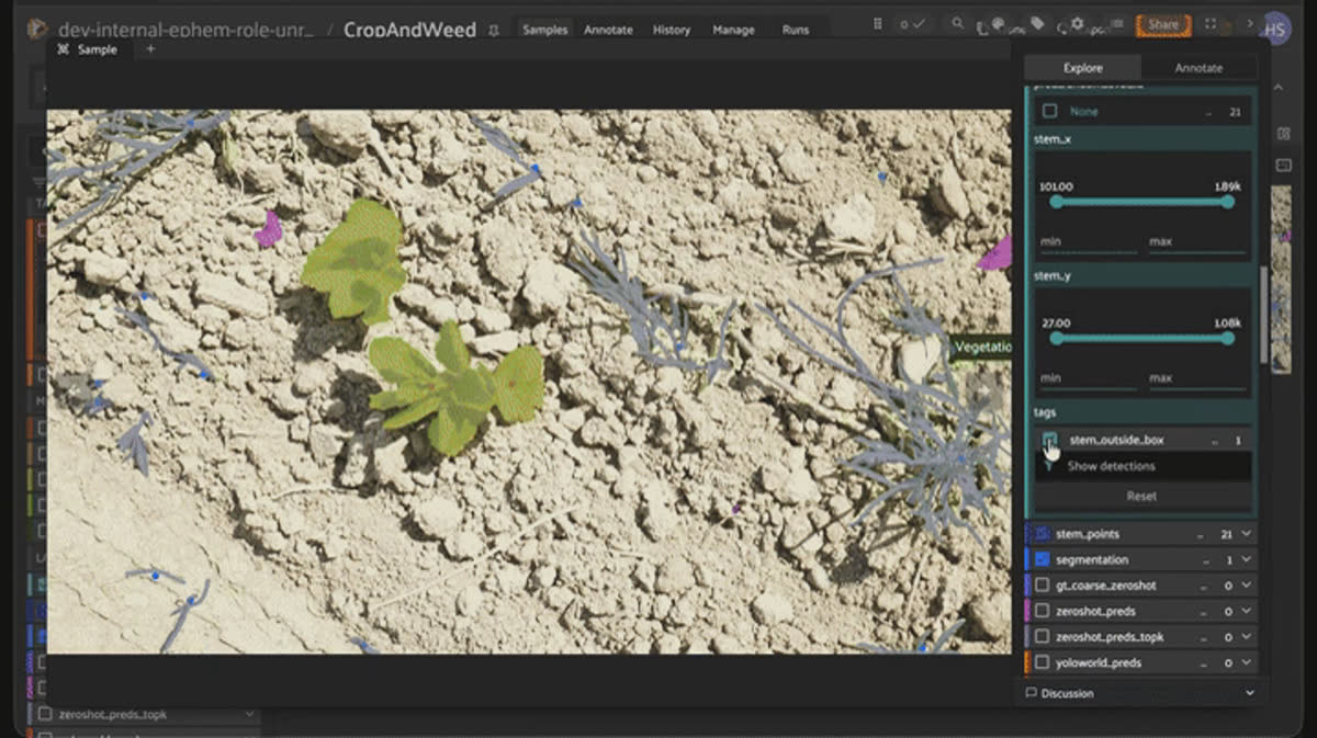 Fixing a mislabeled stem point live in the FiftyOne App's in-app annotation editor by dragging it inside the plant's bounding box.