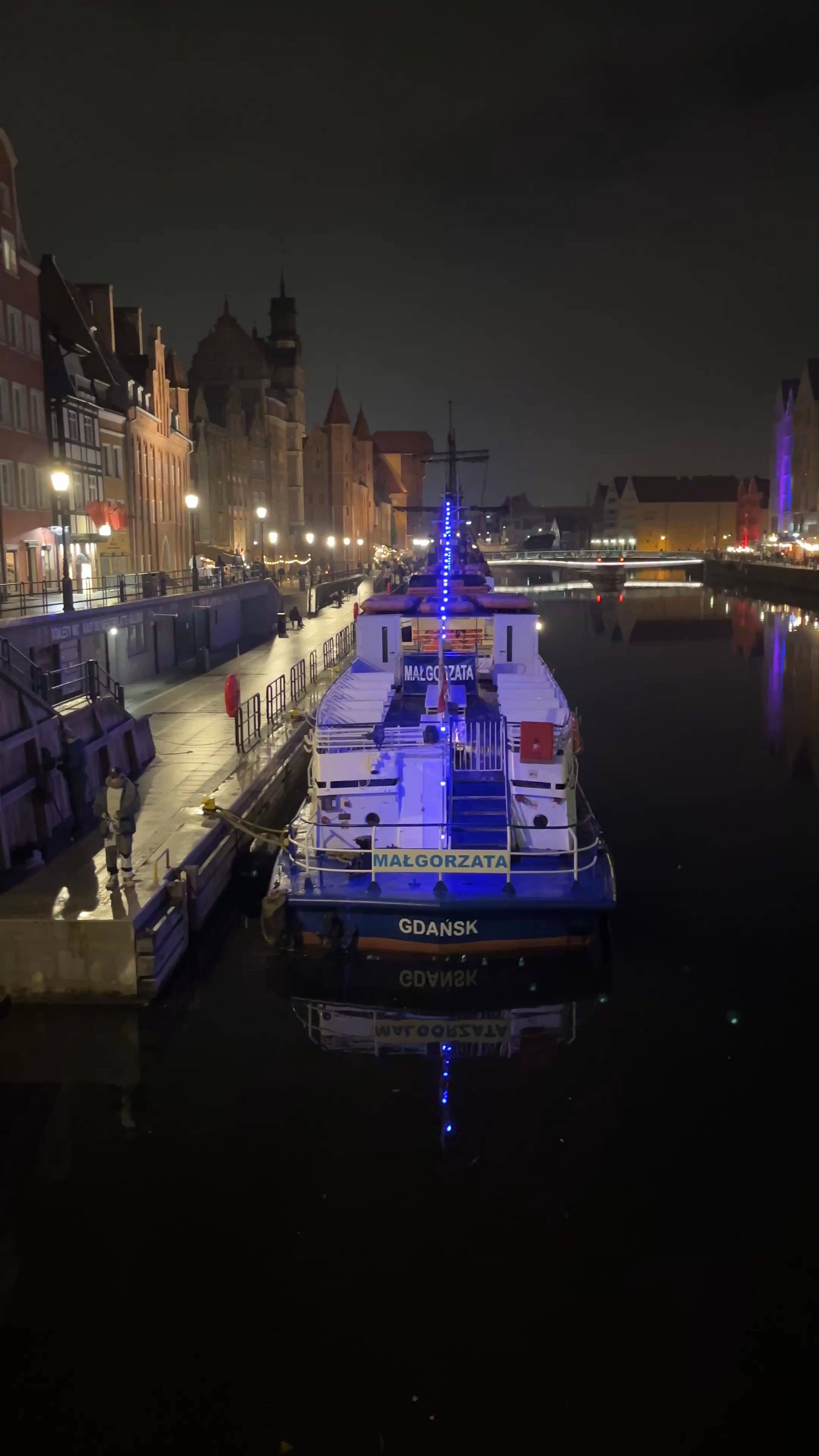 Nighttime Serenity Along Motława River in Gdańsk