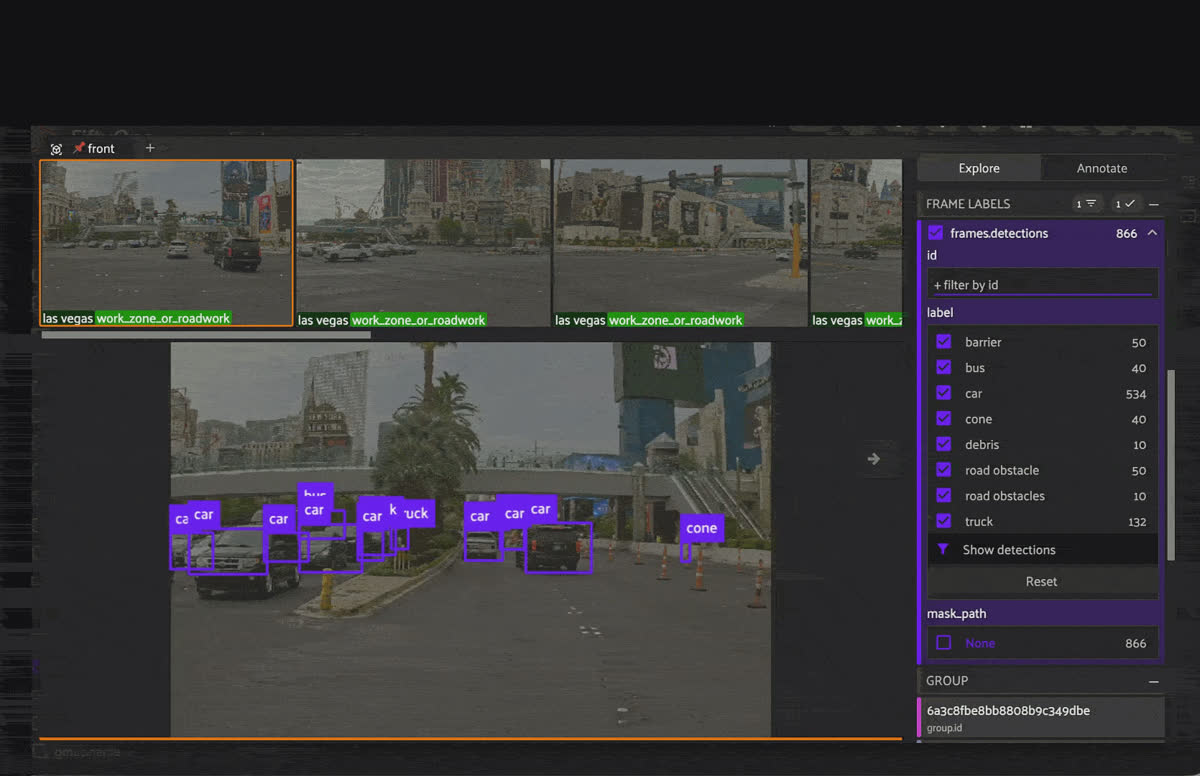 Synchronized multi-view playback in the FiftyOne App, with frame-level object detections visible in the sidebar as the clip plays.