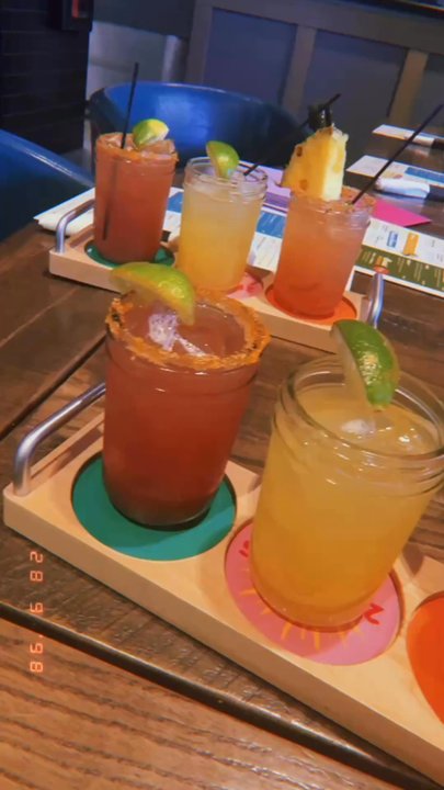 Social Cantina - This was the margarita flight featuring the Prickly Pear Mezcalita, Blueberry Basil, Lychee. - Tacos Near Me - Indianapolis, Indiana
