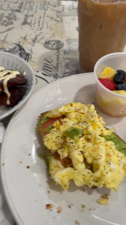 Across Broadway Cafe - Maduros con Crema & Avocado Toastado with scrambled eggs Iced Coffee - Breakfast & Brunch Near Me - Hewlett, New York