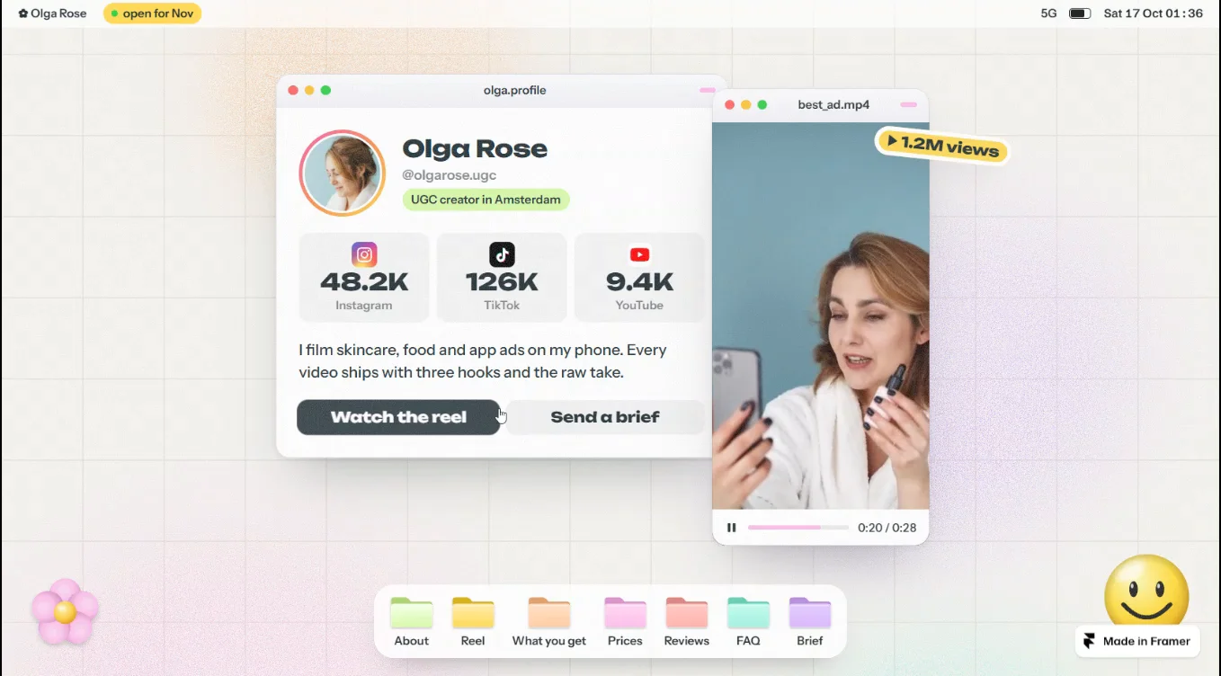 A UGC portfolio you click through like your own desktop. Free!https://homescreen.framer.website/?via=W0d7QEm