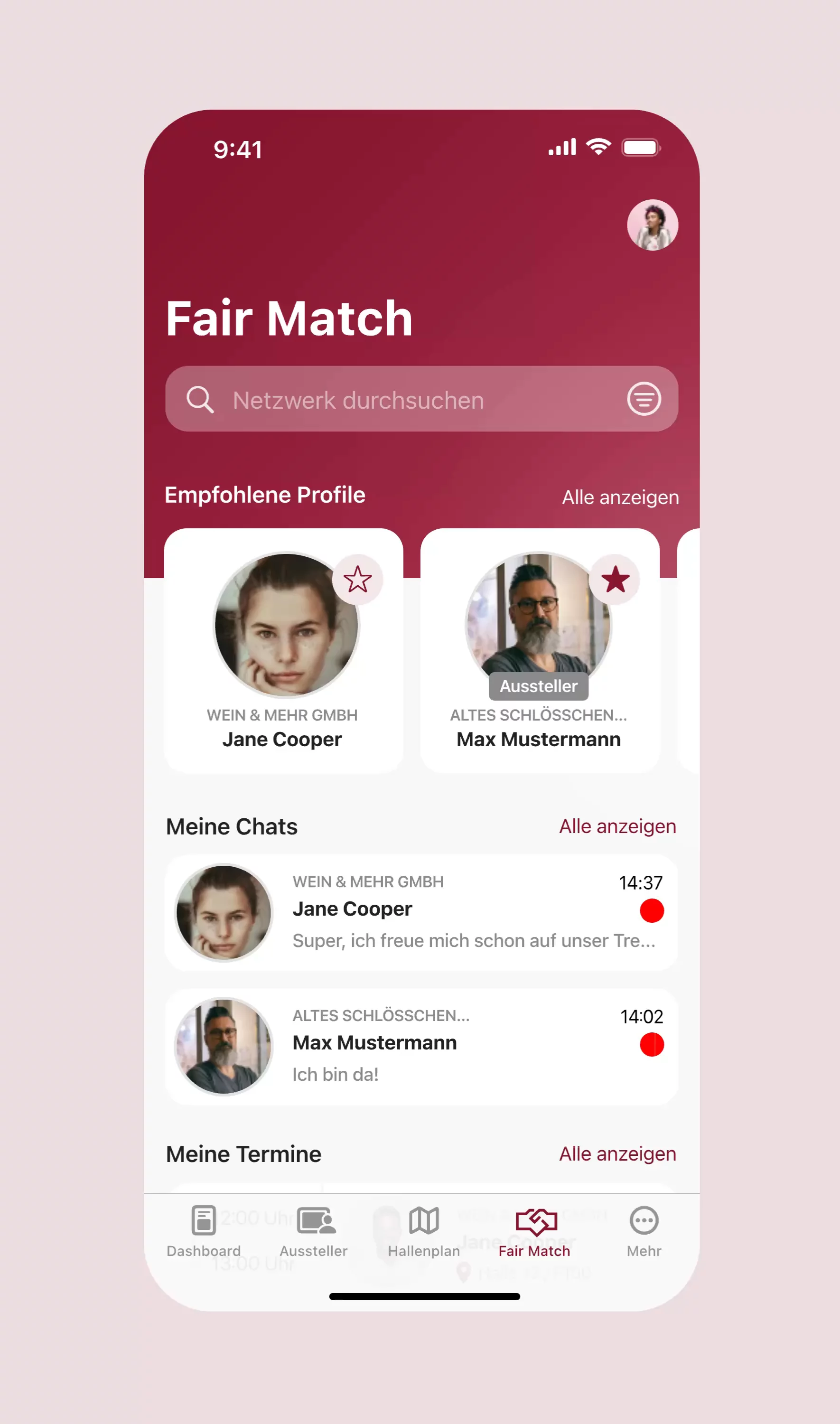 Übersicht über die Networking-Funktionen der FairMate Event App, einer hybriden Mobile App für iOS und Android, die zahlreiche messe- und eventspezifische Funktionen in einer Anwendung abbildet und von Hypercode konzipiert, gestaltet und entwickelt wurde. Zu sehen sind Personensuche, empfohlene Profile, Profildetailseiten, Chat-Übersicht sowie die Planung, Verwaltung und Vereinbarung von Terminen. | Hypercode, Digital Product Studio, Köln