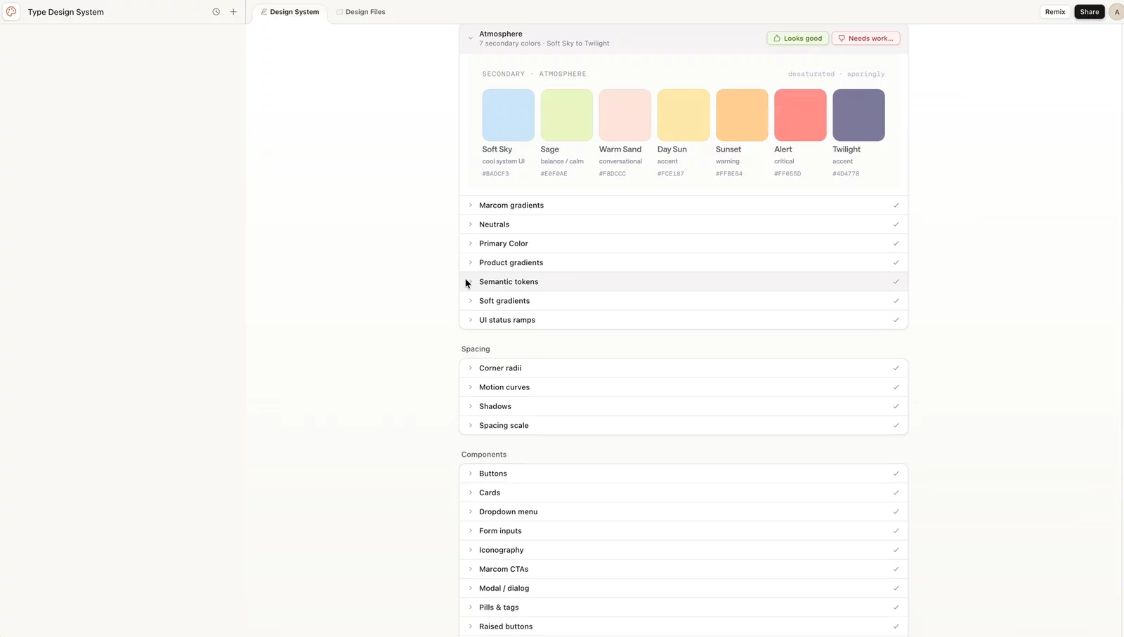 The Type atomic kit open in Claude Design. Components, tokens, and artifacts organized as a living design system.